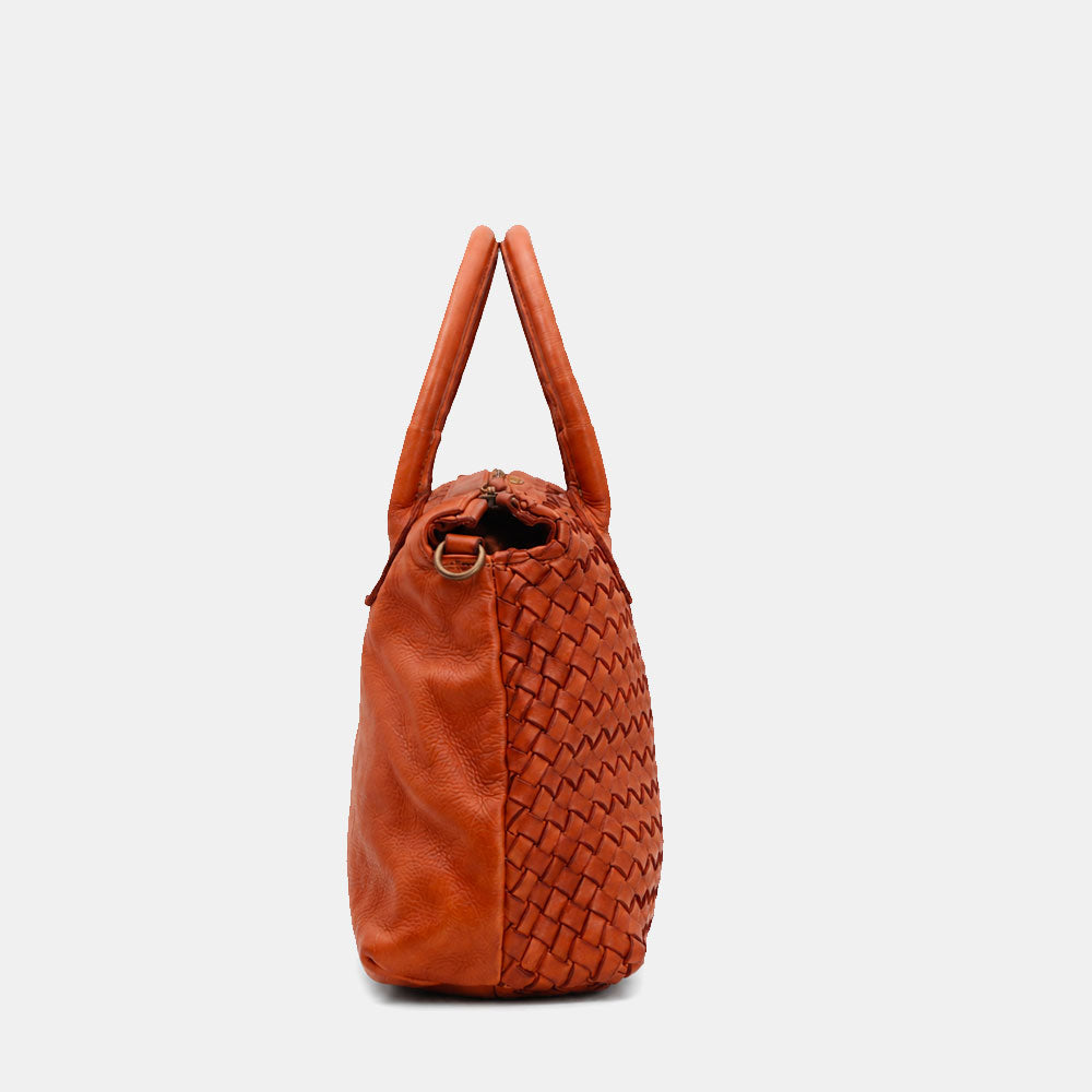 ViaVerdi Handbag with Woven Detail in Tan Leather, Made in Italy – Tuscany Line