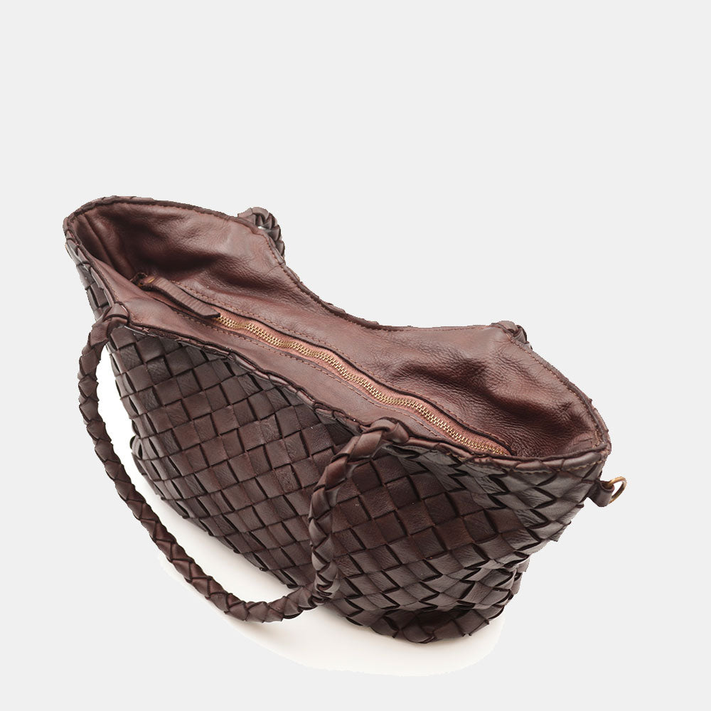 Borsa a Spalla VIAVERDI in Pelle Intrecciata Marrone Scuro Made in Italy linea Tuscany