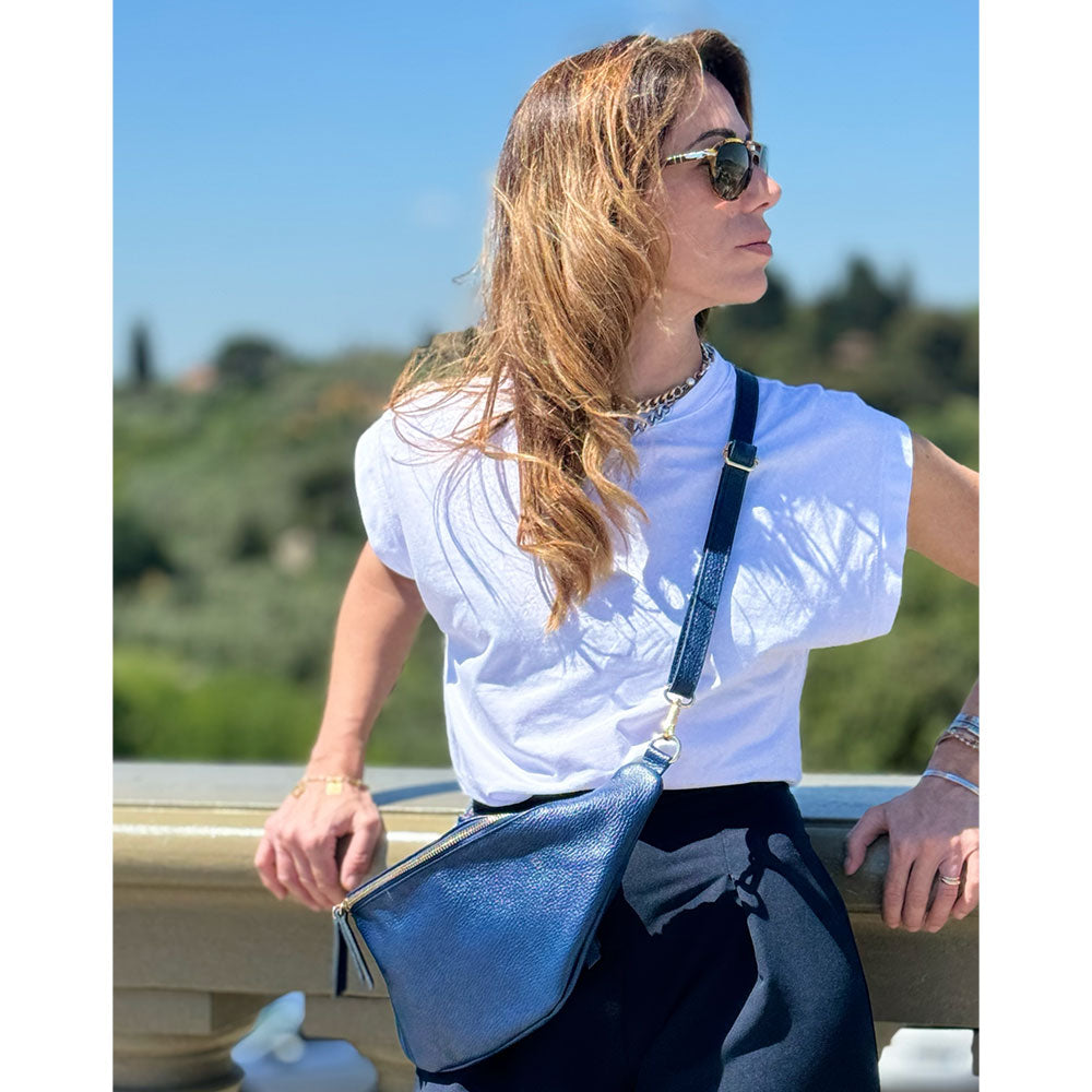 Women s Blue Leather Bum Bag with Shoulder Strap VIAVERDI Made in Ital viaverdifirenze