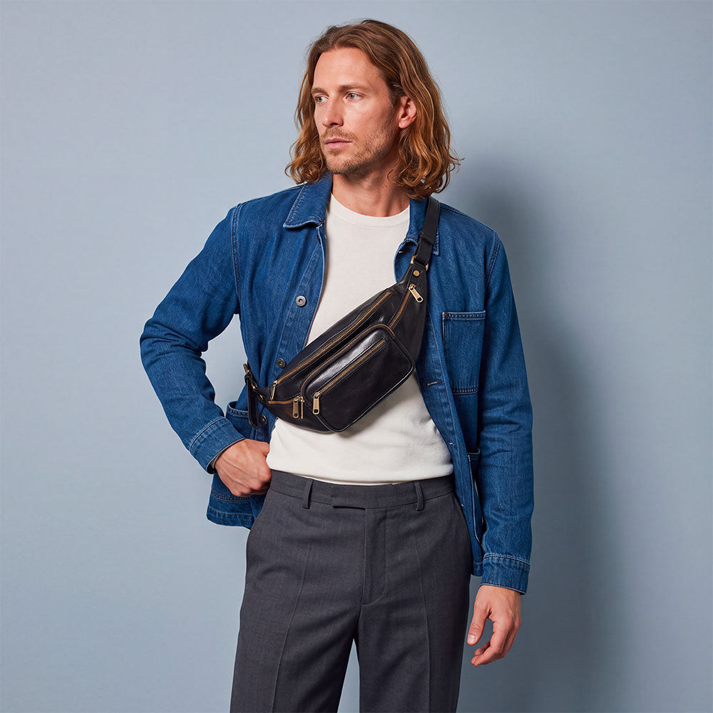 Black Leather Waist Bag VIAVERDI Made in Italy Firenze Line