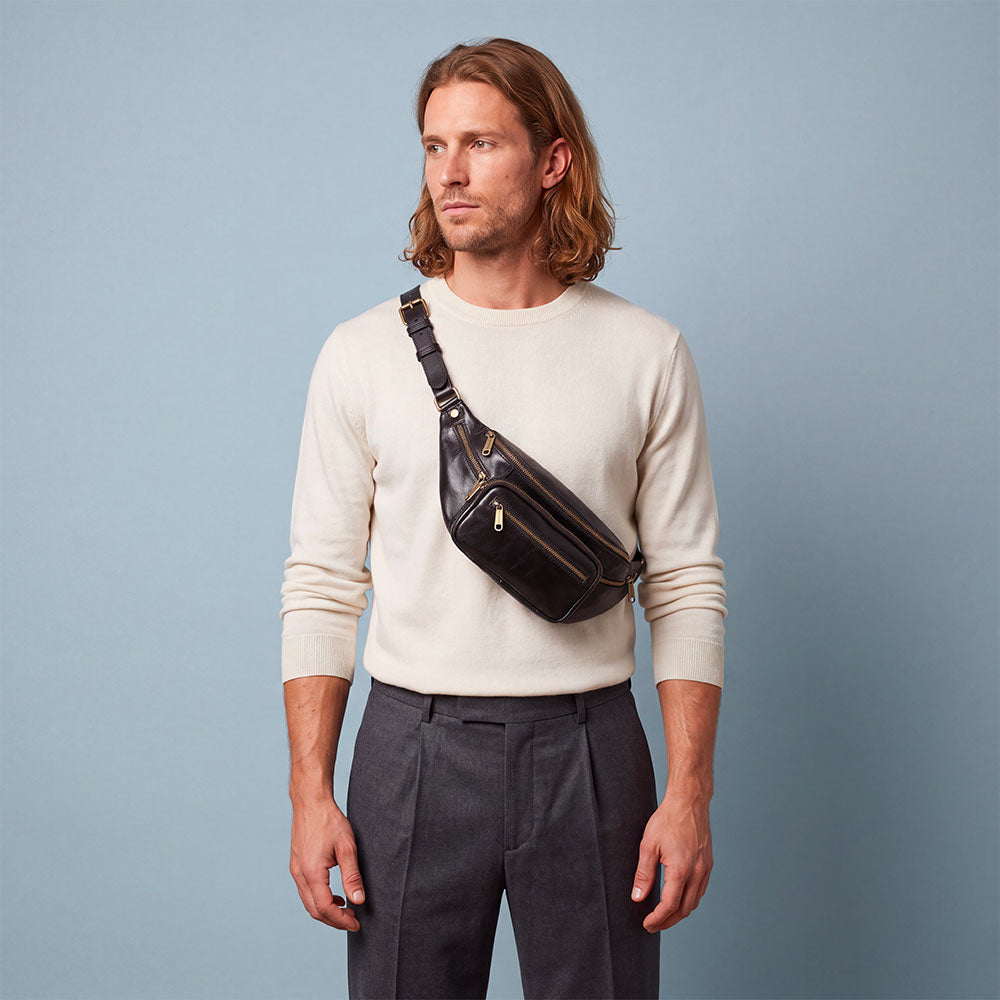 Black Leather Waist Bag VIAVERDI Made in Italy Firenze Line