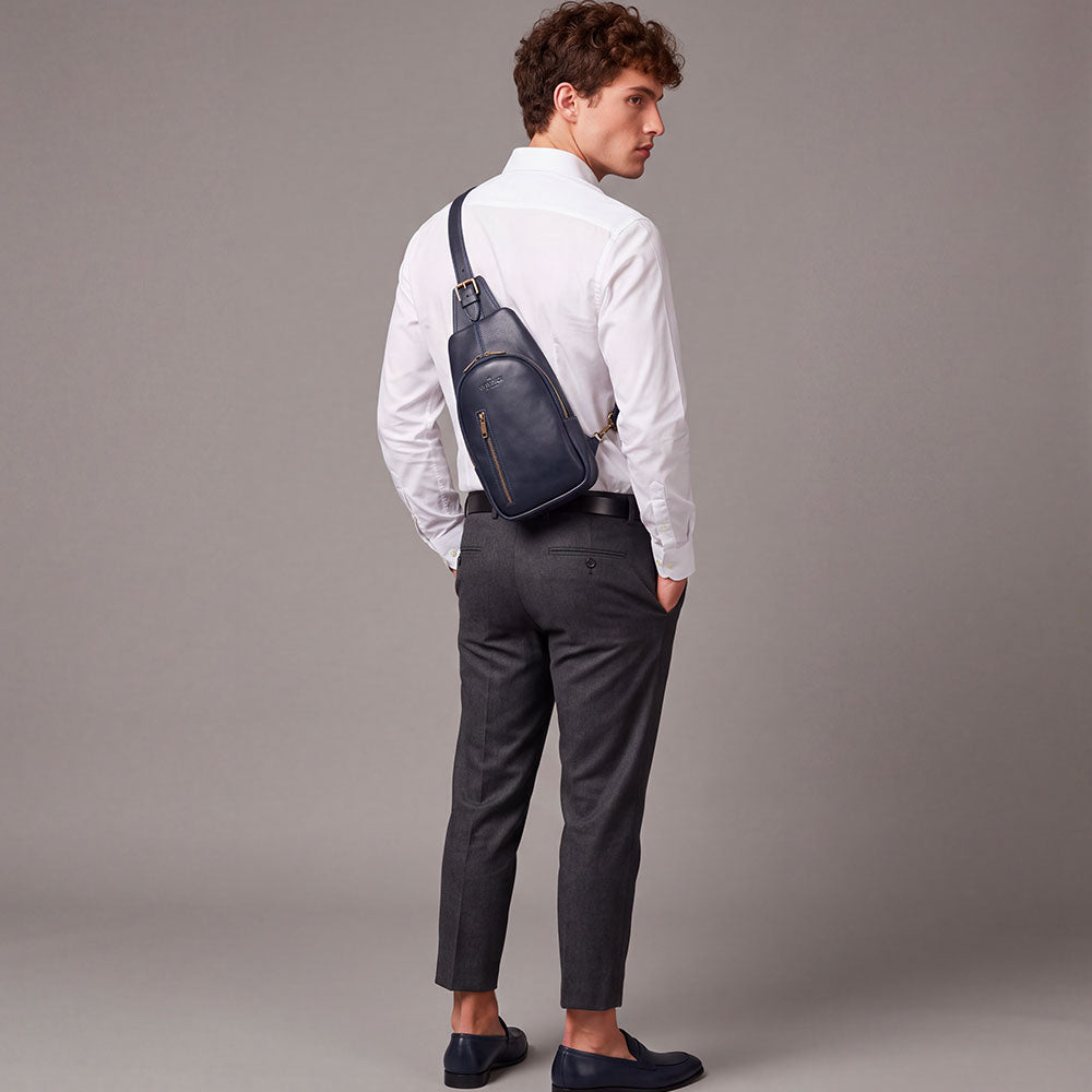 Mochila de un hombro de piel azul ViaVerdi, Made in Italy – línea Firenze