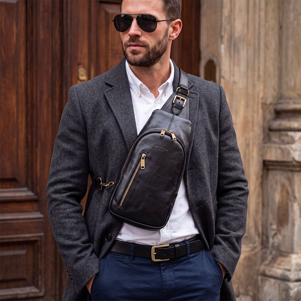 Umhängetasche ViaVerdi aus schwarzem Leder Made in Italy – Linie Firenze
