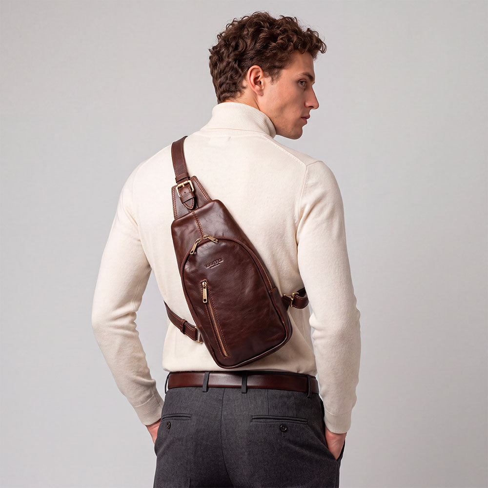 Mochila de un hombro de piel marrón oscuro ViaVerdi, Made in Italy – línea Firenze