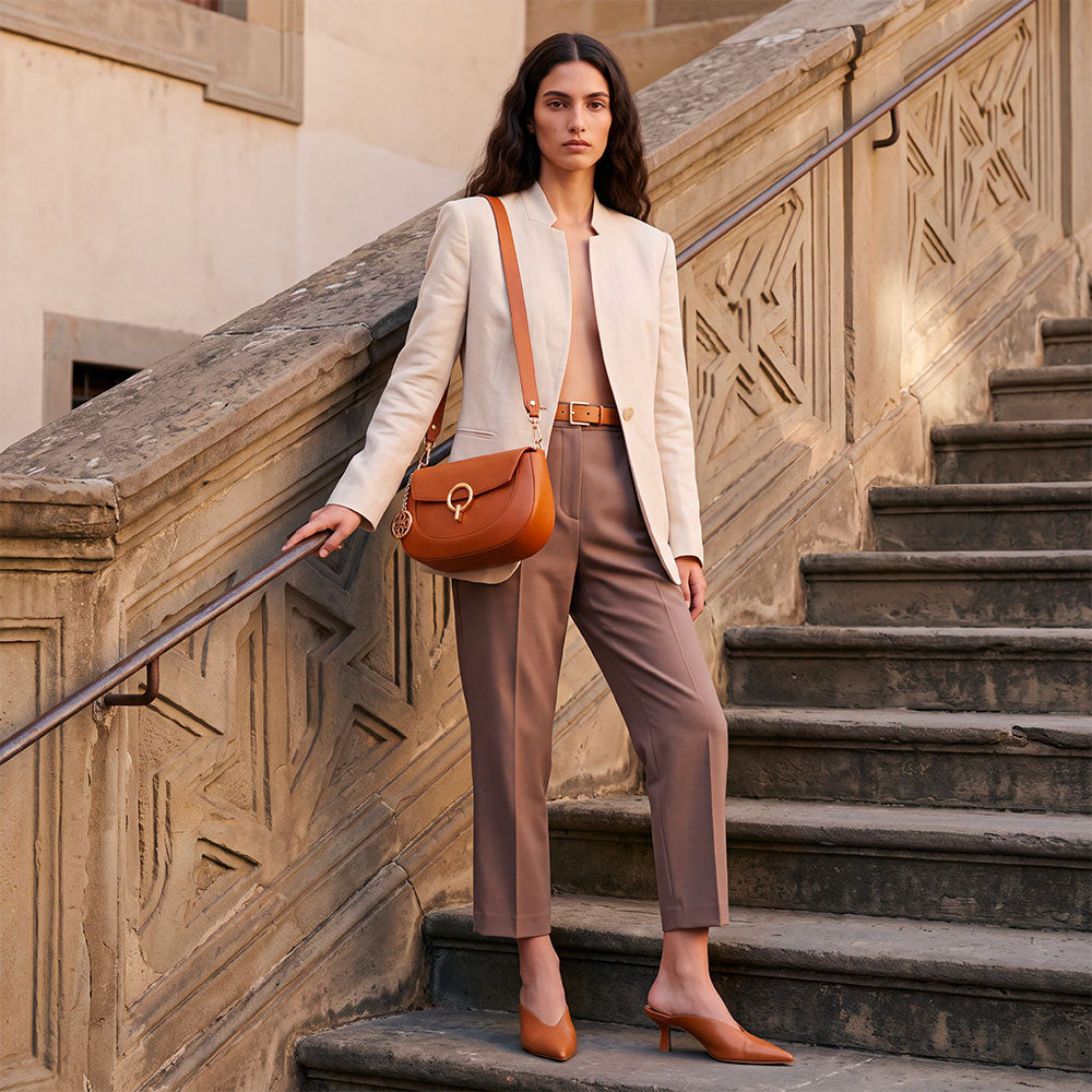 Bolso de hombro de piel color cuero con bandolera ViaVerdi, Made in Italy – línea Montalcino