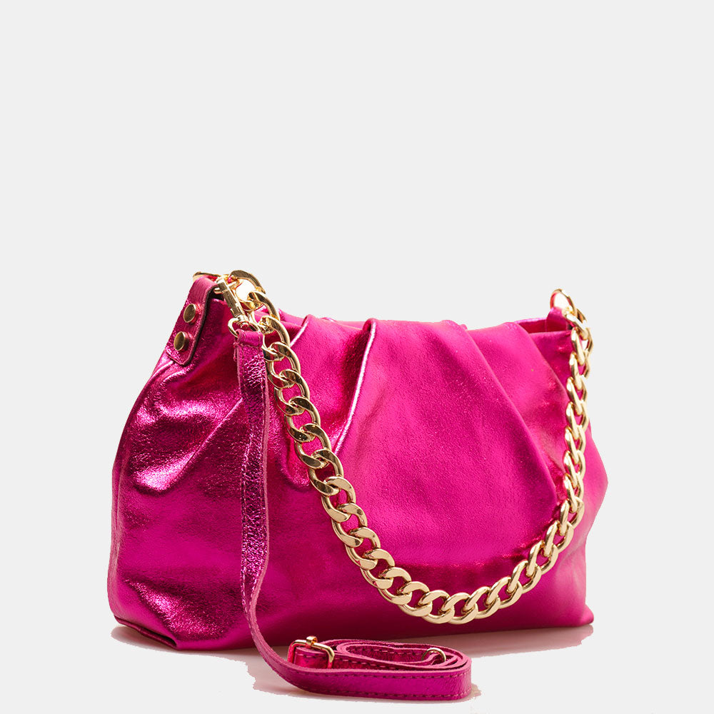 Borsa Hobo a Spalla con Catena VIAVERDI in Pelle Fucsia Metallizzato Made in Italy linea Monteriggioni