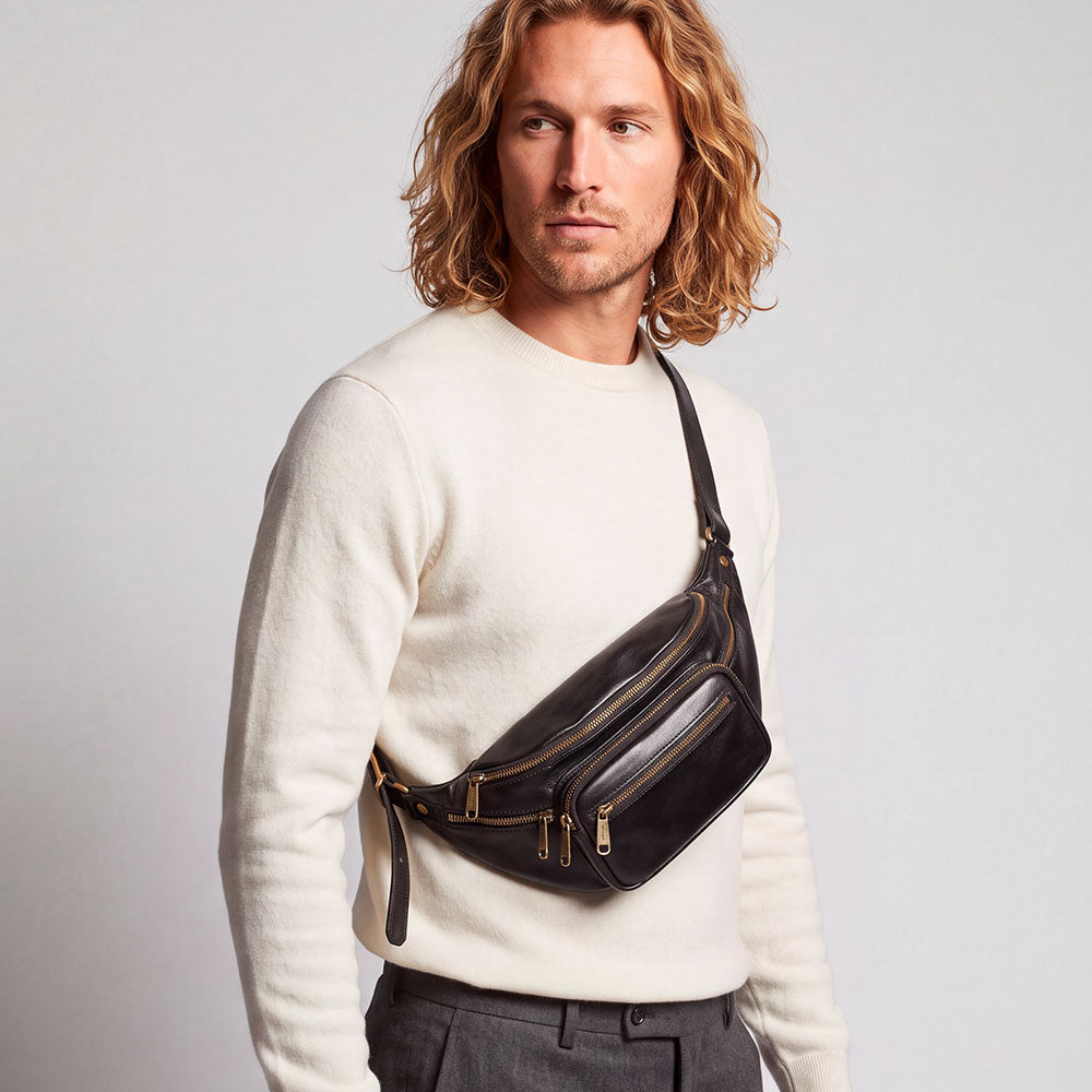 Black Leather Waist Bag VIAVERDI Made in Italy Firenze Line