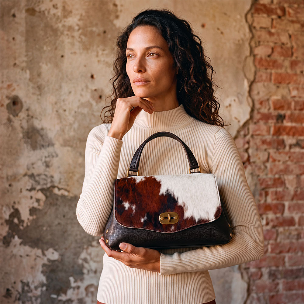 Borsa Donna a Mano VIAVERDI Cavallino e Pelle Nera Made in Italy linea Cortona