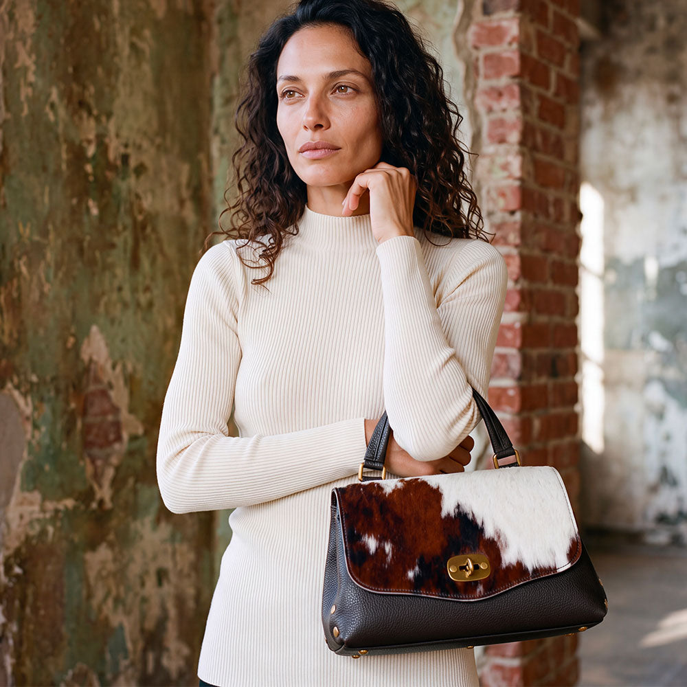 Borsa Donna a Mano VIAVERDI Cavallino e Pelle Nera Made in Italy linea Cortona