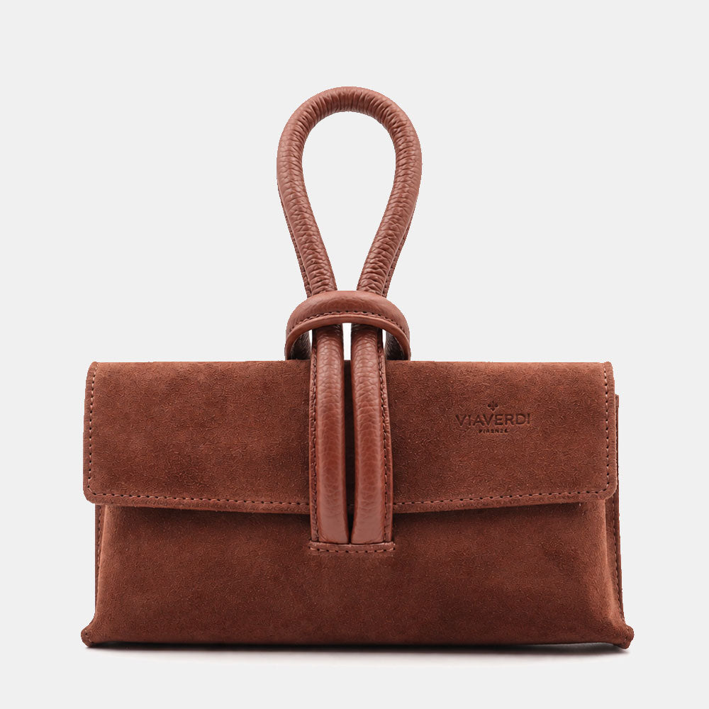 Borsa Clutch a Mano con Tracolla VIAVERDI in Camoscio Marrone Made in Italy linea Castiglione