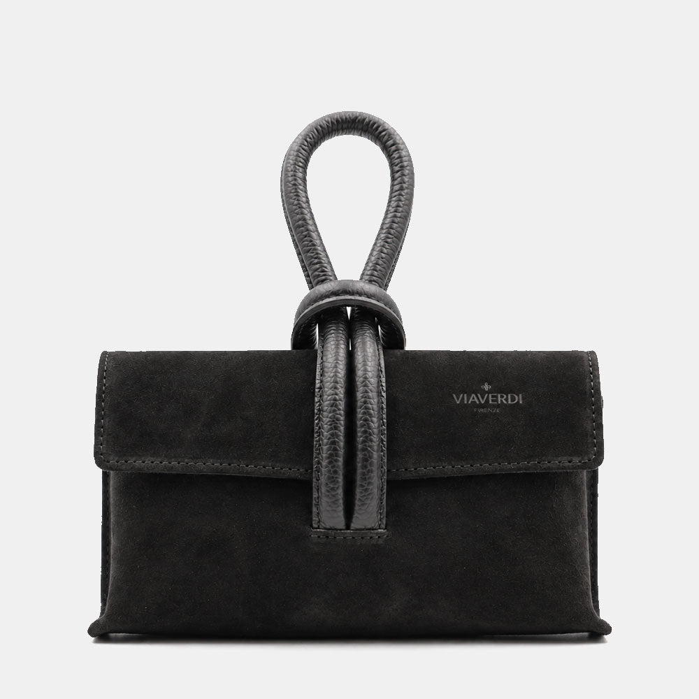Borsa Clutch a Mano con Tracolla VIAVERDI in Camoscio Nero Made in Italy linea Castiglione