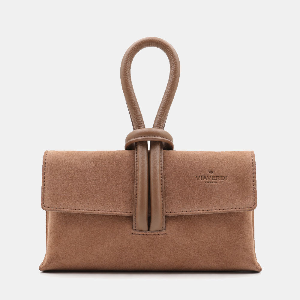 Borsa Clutch a Mano con Tracolla VIAVERDI in Camoscio Taupe Made in Italy linea Castiglione