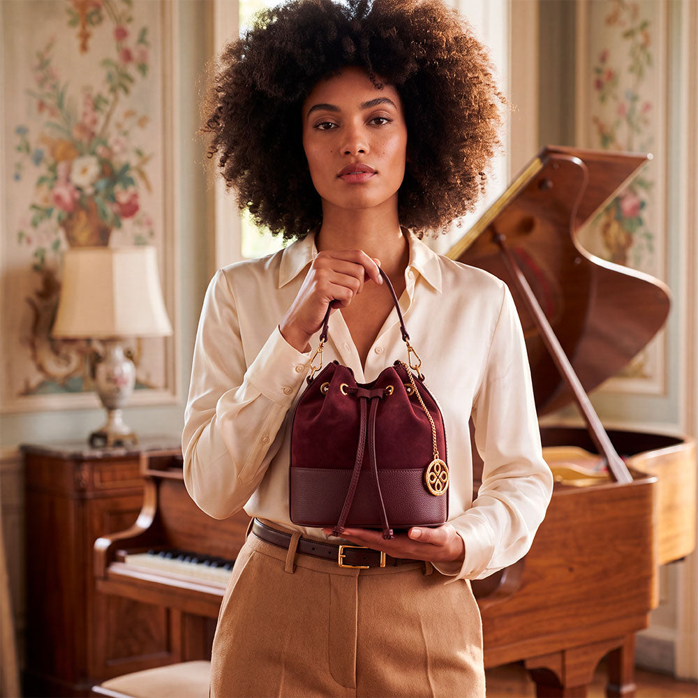 VIAVERDI Women's Bucket Bag in Bordeaux Suede and Leather, Made in Italy, Cortona Line