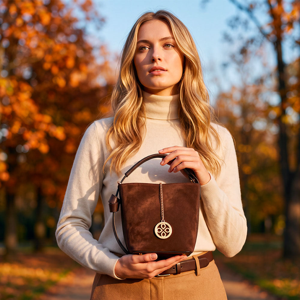Borsa Secchiello con Pochette VIAVERDI in Camoscio e Pelle Marrone Scuro Made in Italy linea Pienza