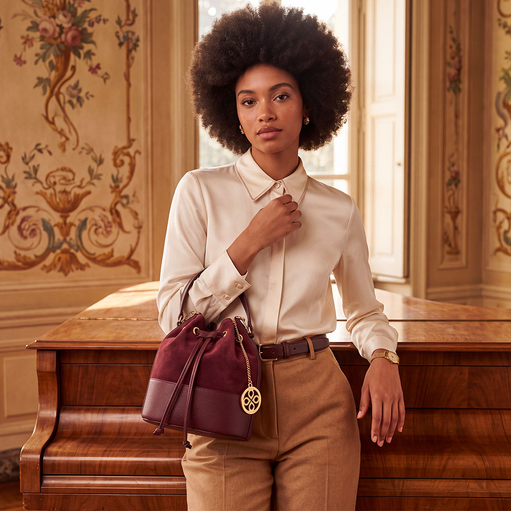 VIAVERDI Women's Bucket Bag in Bordeaux Suede and Leather, Made in Italy, Cortona Line