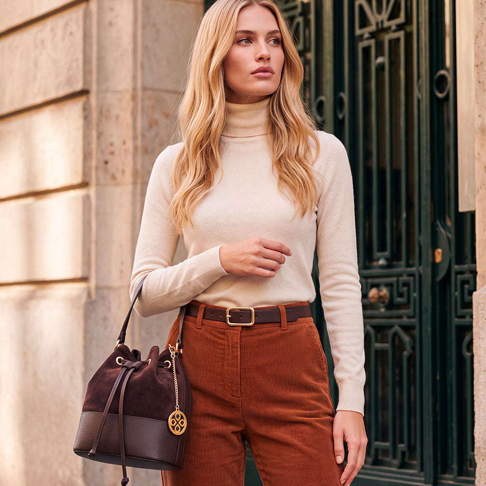 VIAVERDI Women's Bucket Bag in Dark Brown Suede and Leather, Made in Italy, Cortona Line