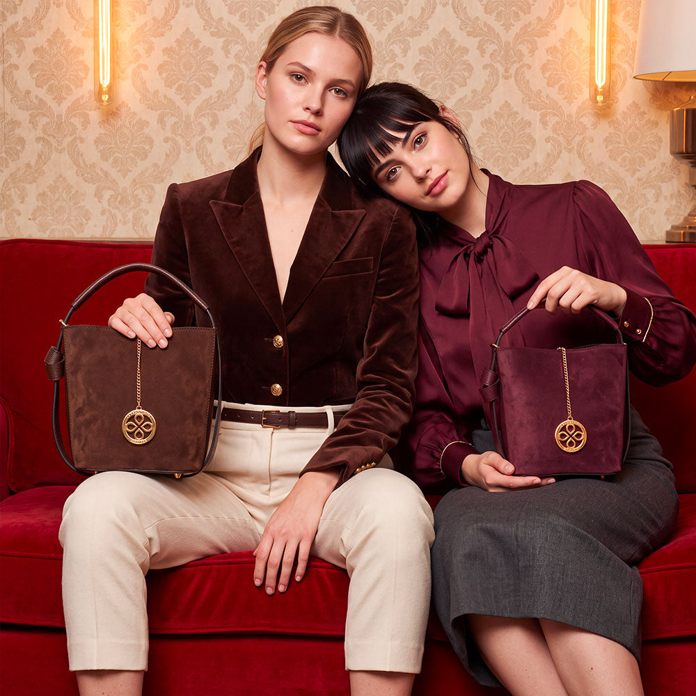 Borsa Secchiello con Pochette VIAVERDI in Camoscio e Pelle Bordeaux Made in Italy linea Pienza