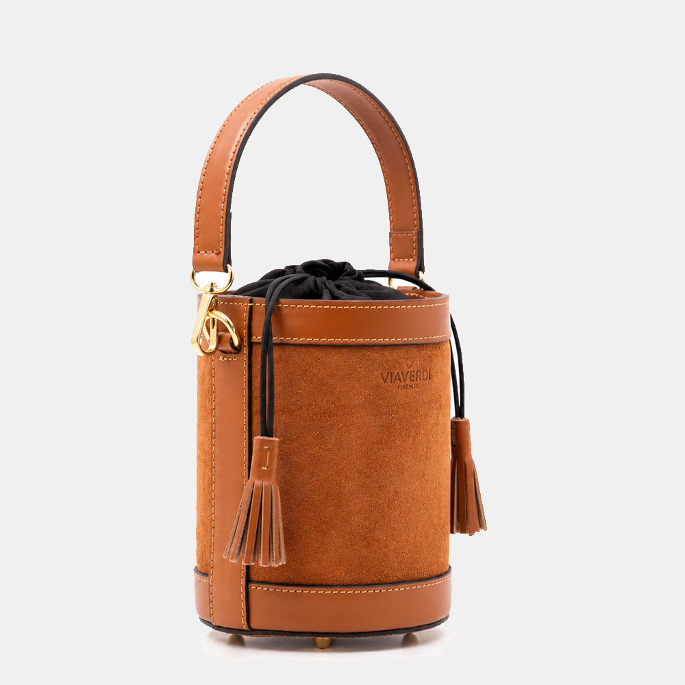Borsa Secchiello a Mano VIAVERDI in Camoscio e Pelle Marrone Made in Italy linea Pienza