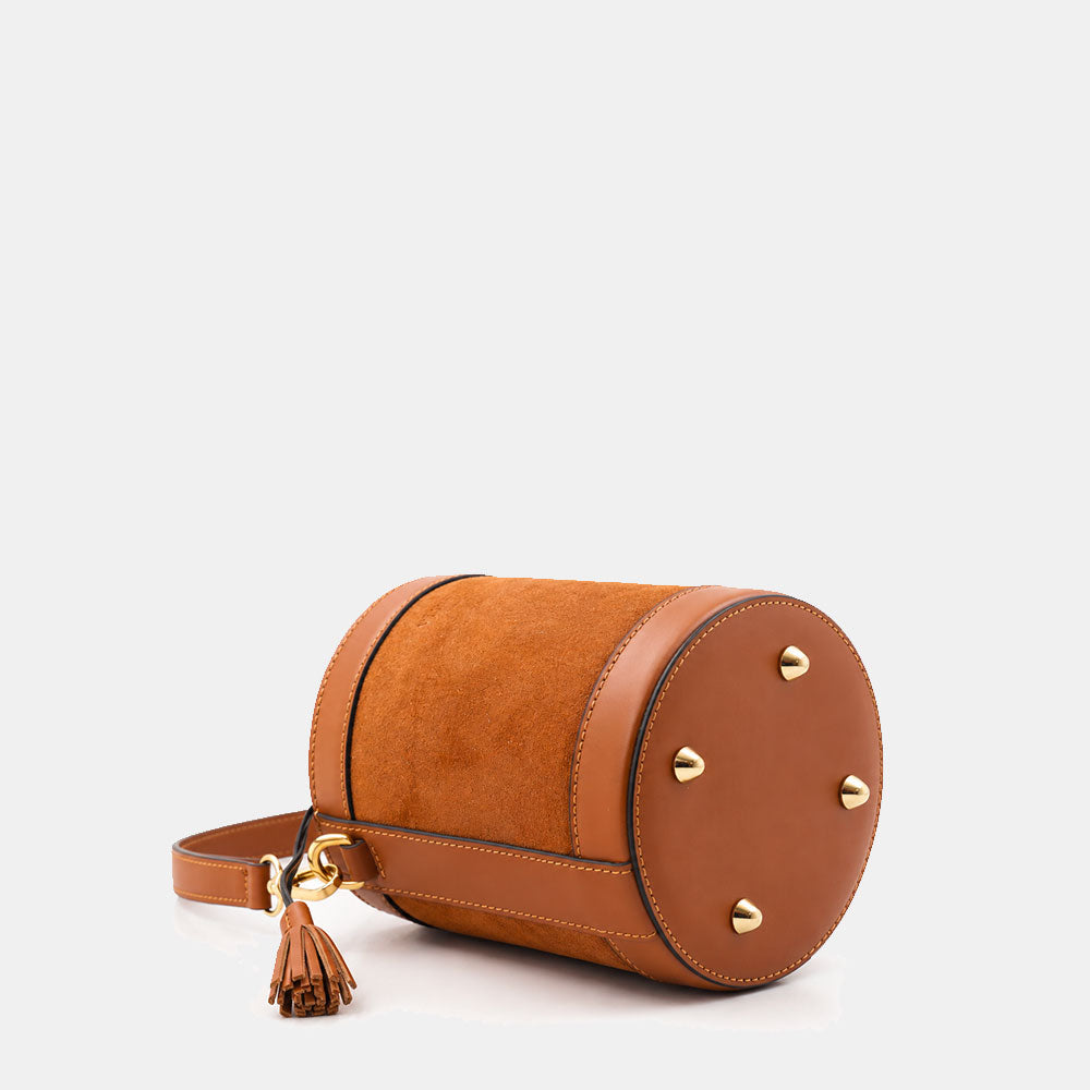 Borsa Secchiello a Mano VIAVERDI in Camoscio e Pelle Marrone Made in Italy linea Pienza