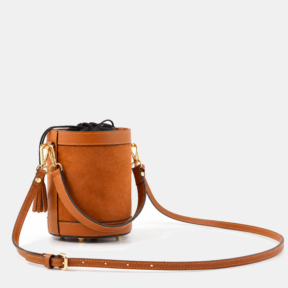 Borsa Secchiello a Mano VIAVERDI in Camoscio e Pelle Marrone Made in Italy linea Pienza