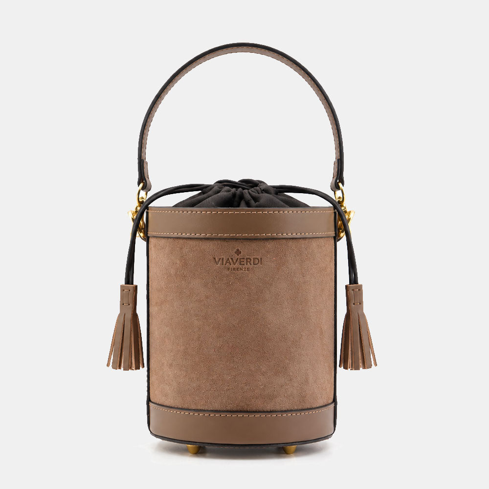 Borsa Secchiello a Mano VIAVERDI in Camoscio e Pelle Taupe Made in Italy linea Pienza