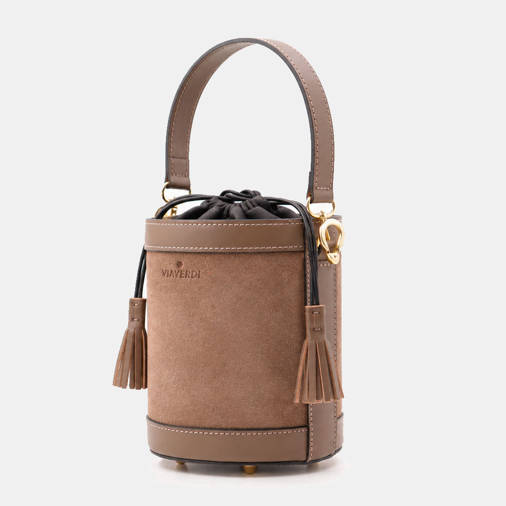 Borsa Secchiello a Mano VIAVERDI in Camoscio e Pelle Taupe Made in Italy linea Pienza