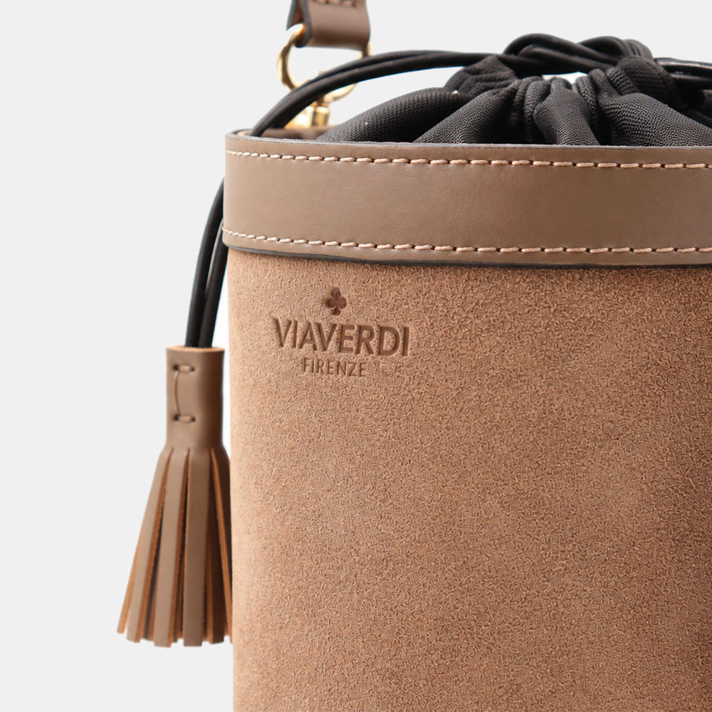 Borsa Secchiello a Mano VIAVERDI in Camoscio e Pelle Taupe Made in Italy linea Pienza