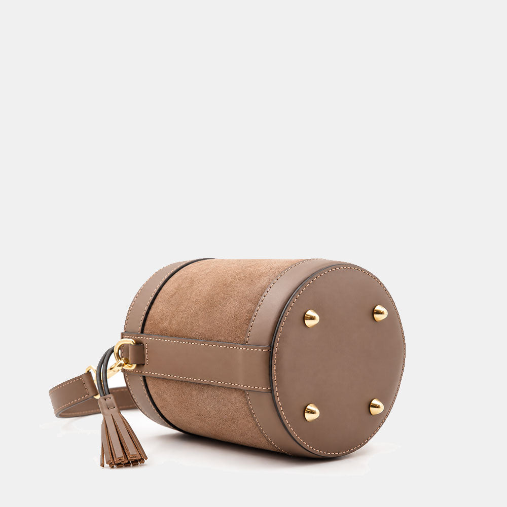Borsa Secchiello a Mano VIAVERDI in Camoscio e Pelle Taupe Made in Italy linea Pienza