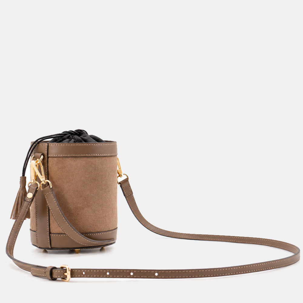 Borsa Secchiello a Mano VIAVERDI in Camoscio e Pelle Taupe Made in Italy linea Pienza