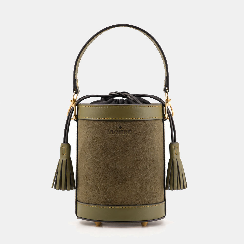 Borsa Secchiello a Mano VIAVERDI in Camoscio e Pelle Verde Made in Italy linea Pienza