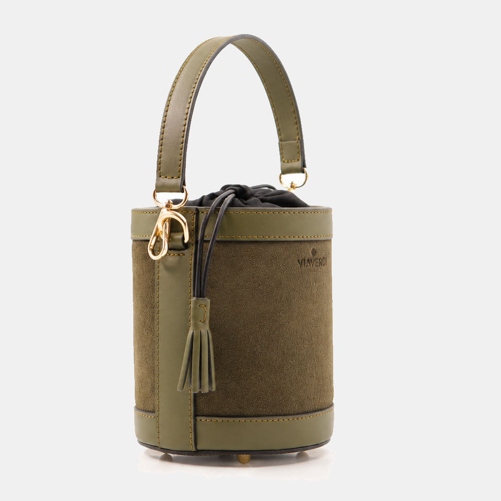 Borsa Secchiello a Mano VIAVERDI in Camoscio e Pelle Verde Made in Italy linea Pienza