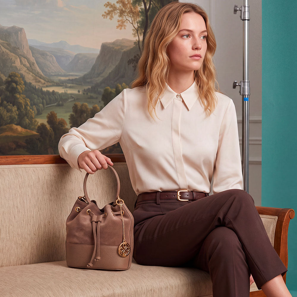 VIAVERDI Women's Bucket Bag in Taupe Suede and Leather, Made in Italy, Cortona Line