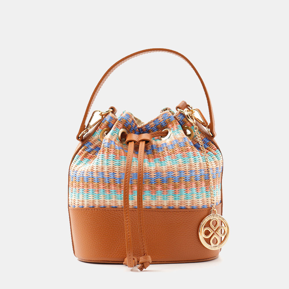 Borsa Donna a Secchiello VIAVERDI in Pelle color Cuoio e Rafia Multicolor Made in Italy Linea Pienza