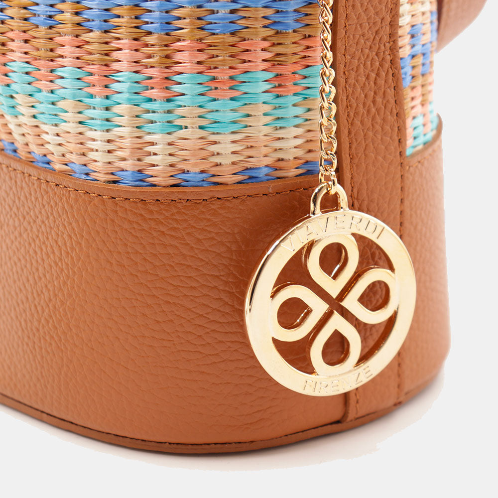 Borsa Donna a Secchiello VIAVERDI in Pelle color Cuoio e Rafia Multicolor Made in Italy Linea Pienza