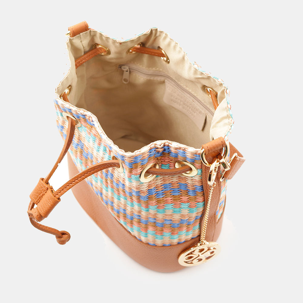 Borsa Donna a Secchiello VIAVERDI in Pelle color Cuoio e Rafia Multicolor Made in Italy Linea Pienza