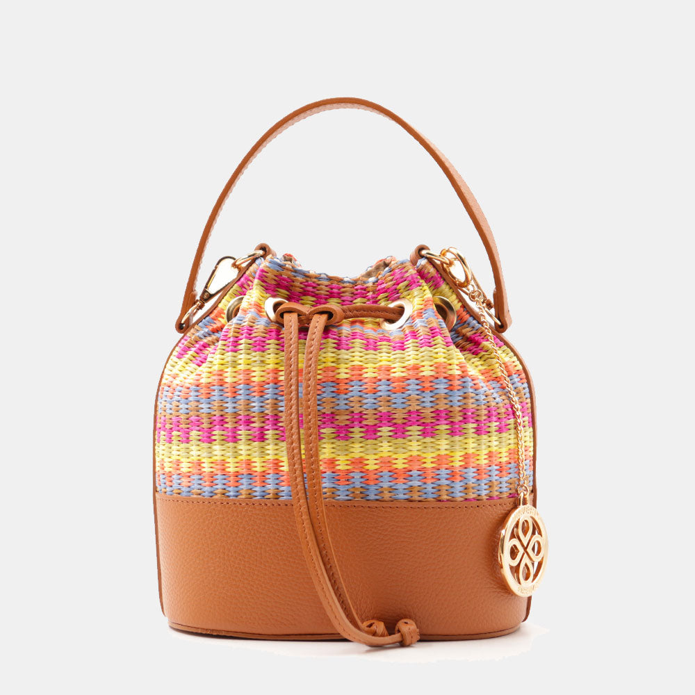 Borsa Donna a Secchiello VIAVERDI in Pelle color Cuoio e Rafia Multicolor Made in Italy Linea Pienza