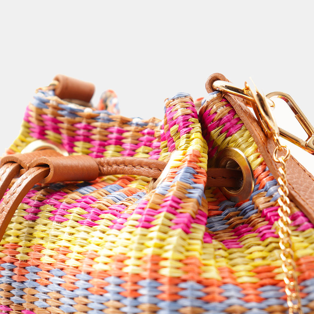 Borsa Donna a Secchiello VIAVERDI in Pelle color Cuoio e Rafia Multicolor Made in Italy Linea Pienza