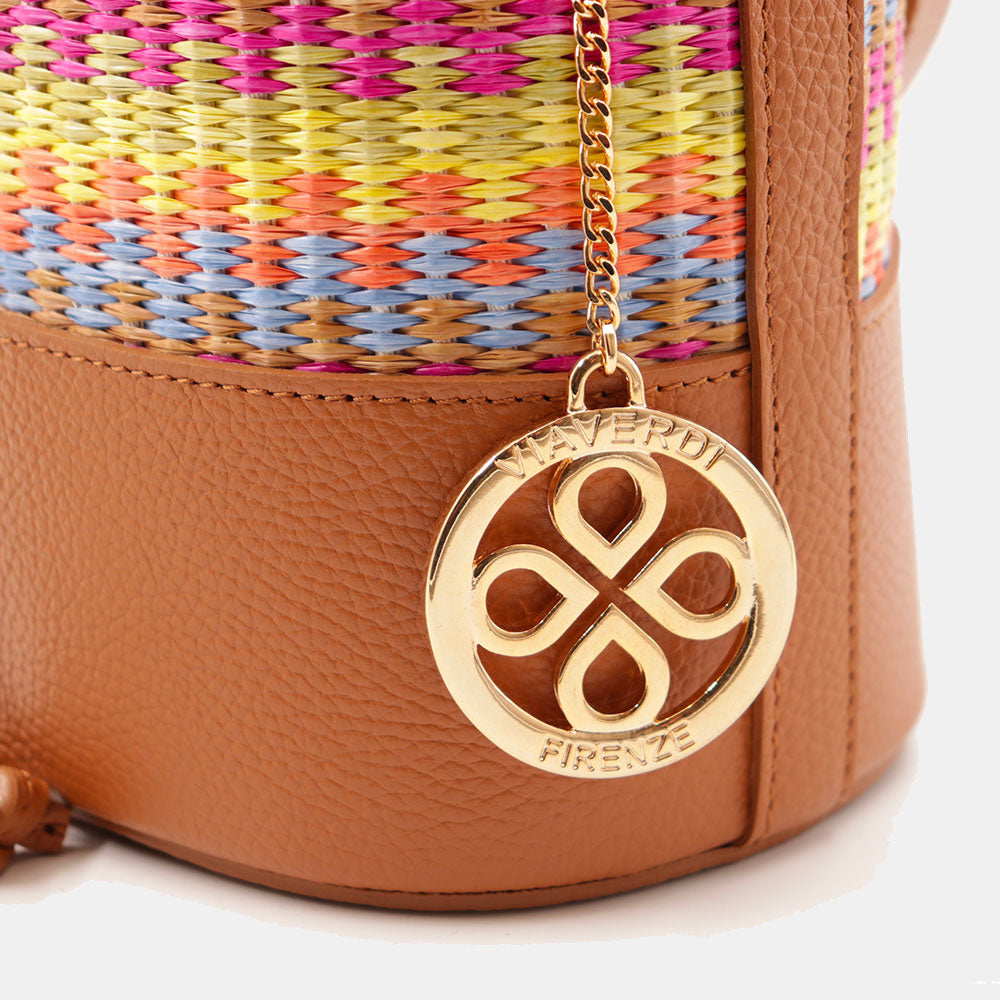 Borsa Donna a Secchiello VIAVERDI in Pelle color Cuoio e Rafia Multicolor Made in Italy Linea Pienza