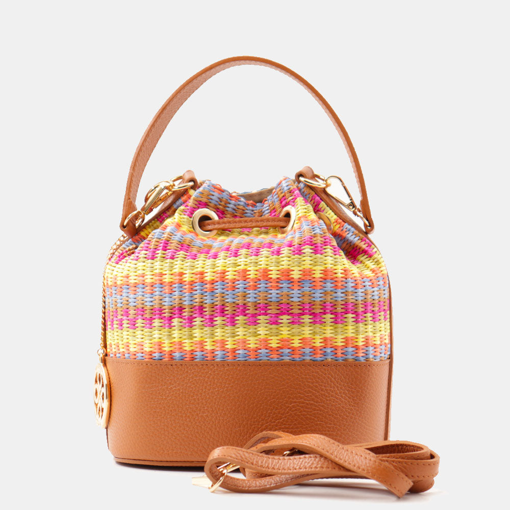 Borsa Donna a Secchiello VIAVERDI in Pelle color Cuoio e Rafia Multicolor Made in Italy Linea Pienza