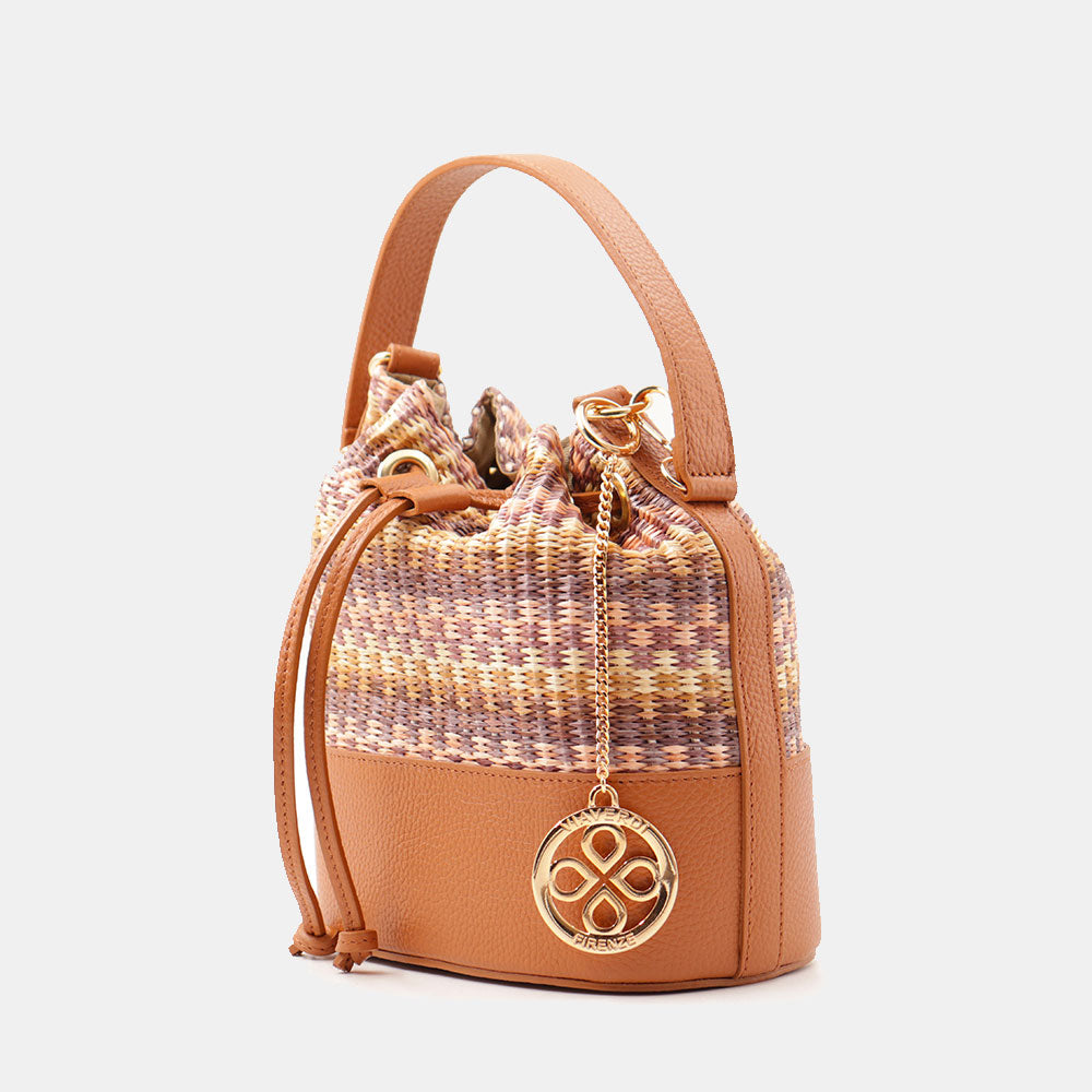 Borsa Donna a Secchiello VIAVERDI in Pelle color Cuoio e Rafia Multicolor Made in Italy Linea Pienza