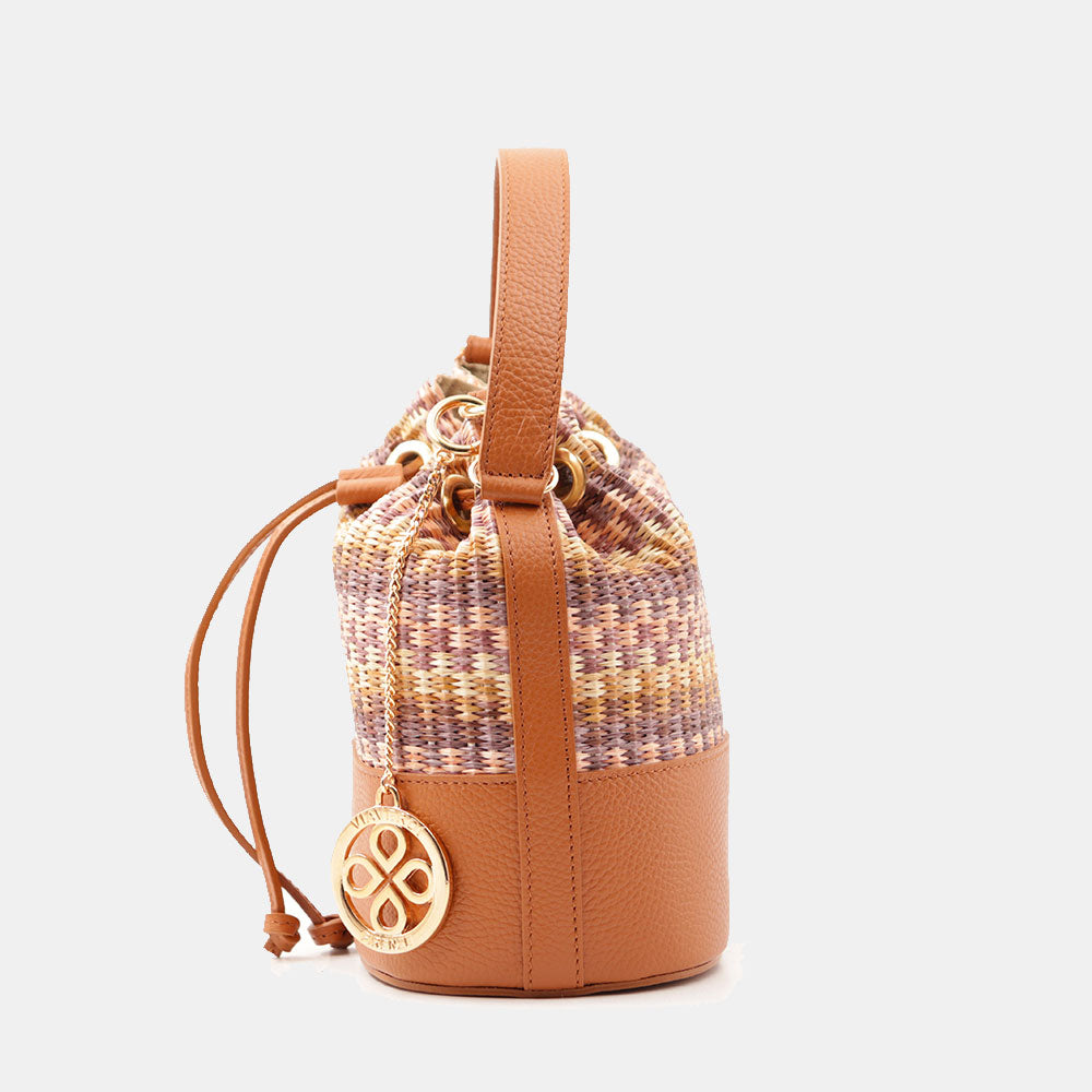 Borsa Donna a Secchiello VIAVERDI in Pelle color Cuoio e Rafia Multicolor Made in Italy Linea Pienza