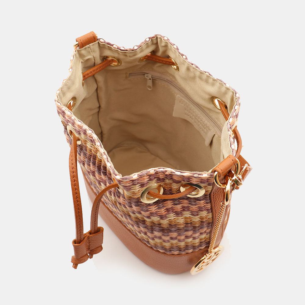 Borsa Donna a Secchiello VIAVERDI in Pelle color Cuoio e Rafia Multicolor Made in Italy Linea Pienza