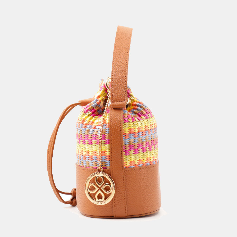 Borsa Donna a Secchiello VIAVERDI in Pelle color Cuoio e Rafia Multicolor Made in Italy Linea Pienza