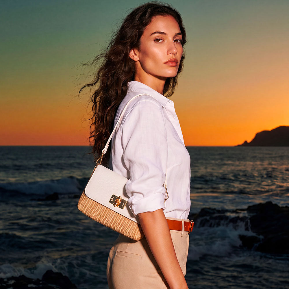 Borsa Clutch a Spalla VIAVERDI in Rafia e Pelle Bianca Made in Italy linea Volterra