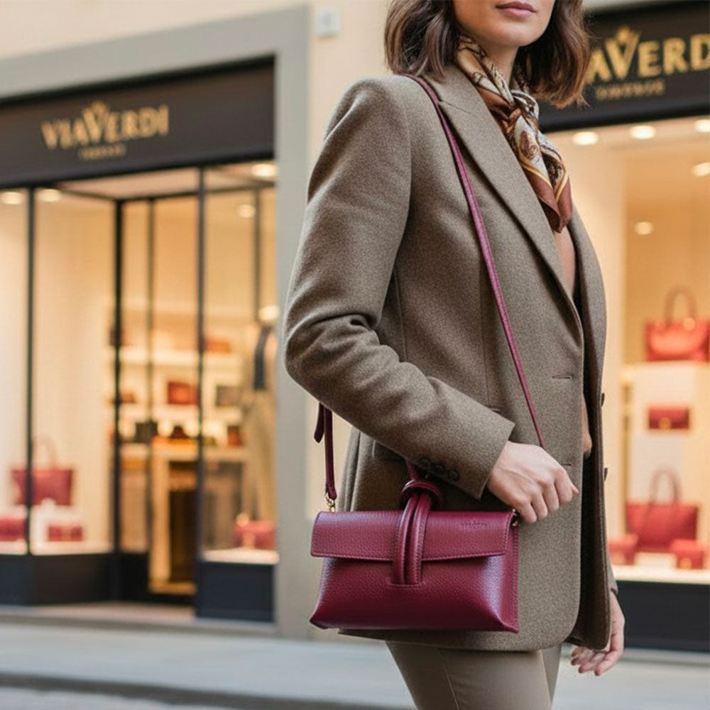 Borsa Clutch a Mano con Tracolla VIAVERDI in Pelle Bordeaux Made in Italy linea Castiglione
