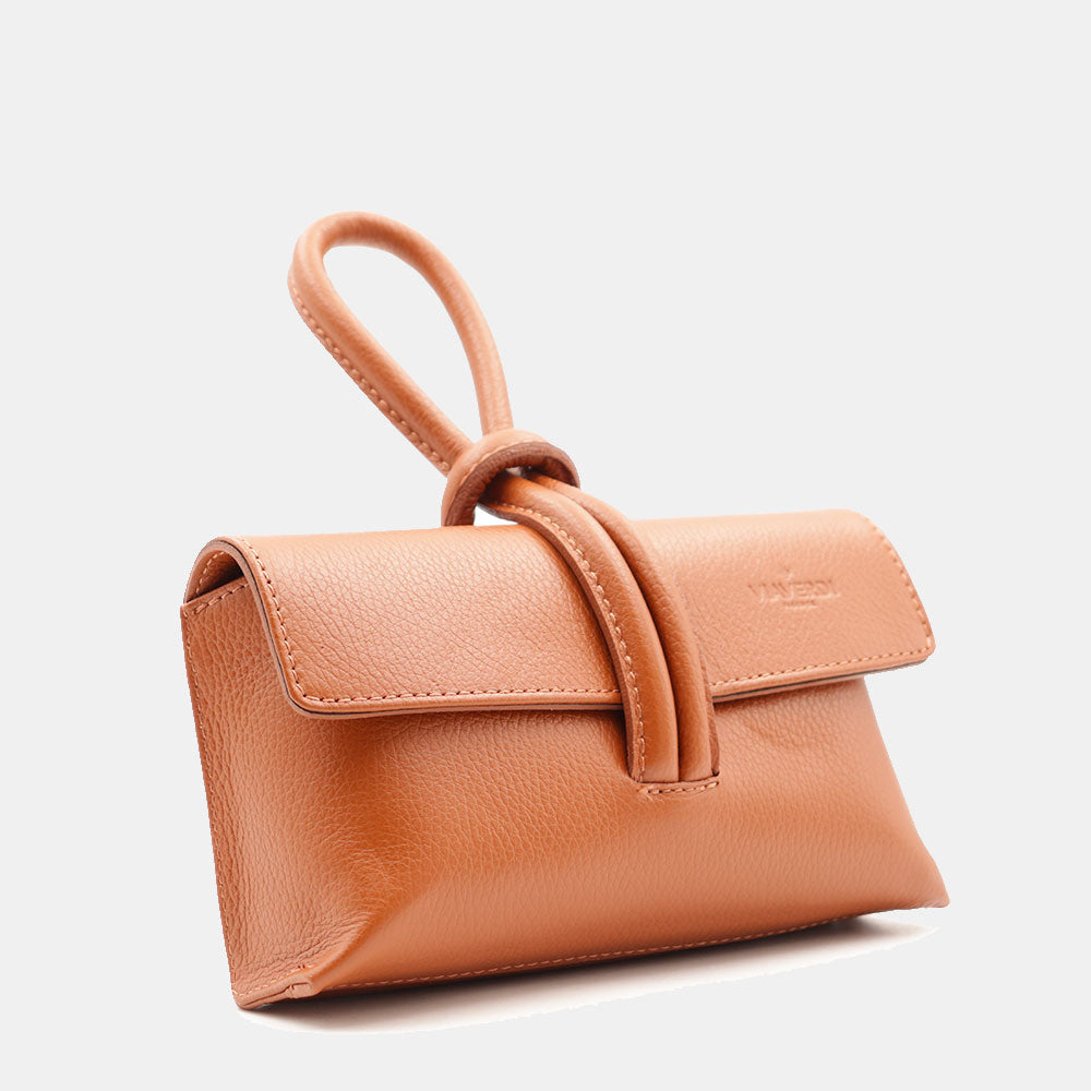 Borsa Clutch a Mano con Tracolla VIAVERDI in Pelle color Cuoio Made in Italy linea Castiglione