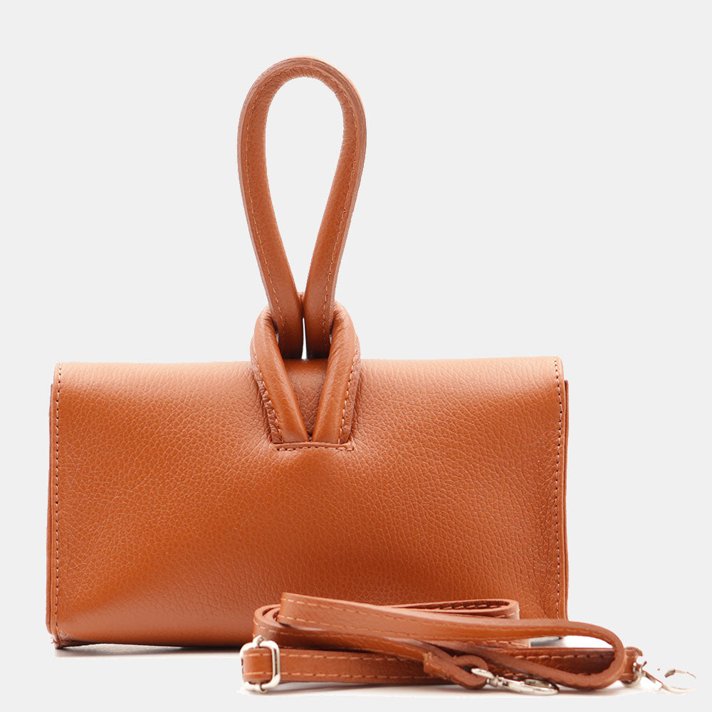 Borsa Clutch a Mano con Tracolla VIAVERDI in Pelle color Cuoio Made in Italy linea Castiglione