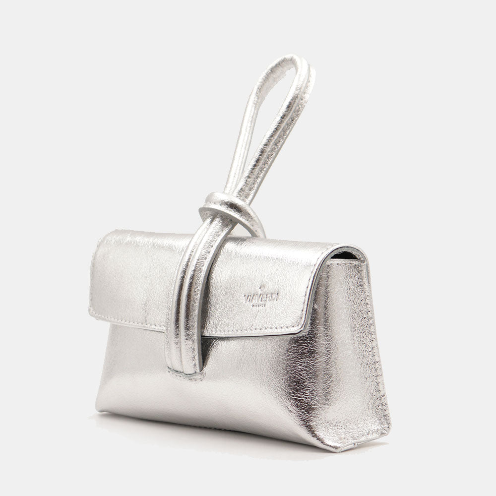 Borsa Clutch a Mano con Tracolla VIAVERDI in Pelle Argento Made in Italy linea Castiglione