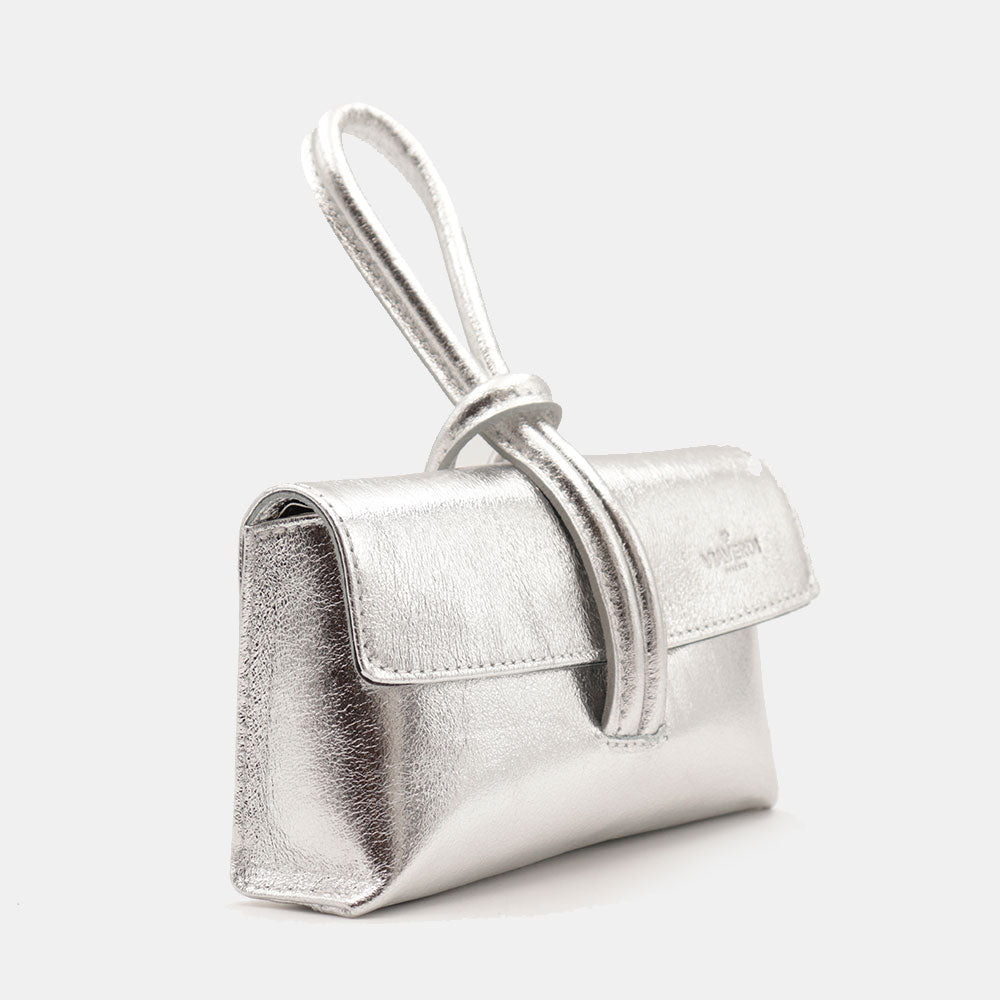 Borsa Clutch a Mano con Tracolla VIAVERDI in Pelle Argento Made in Italy linea Castiglione