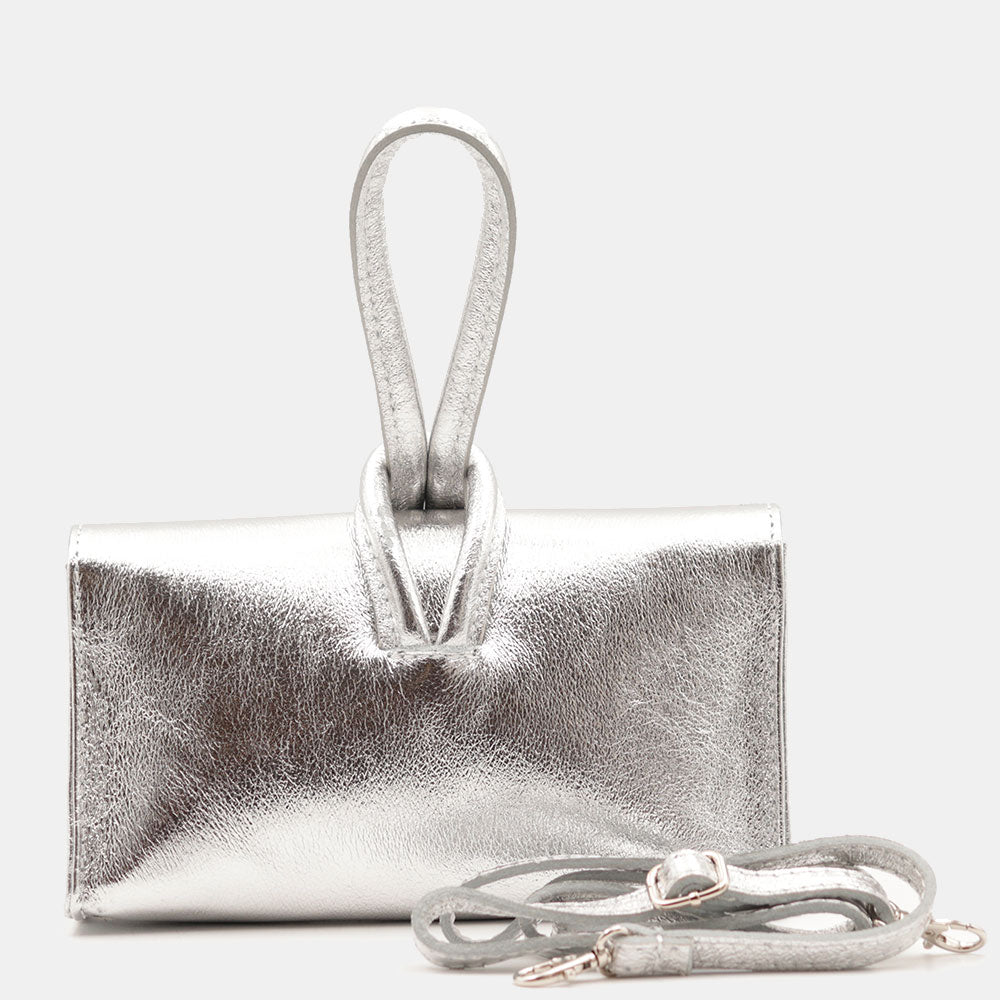 Borsa Clutch a Mano con Tracolla VIAVERDI in Pelle Argento Made in Italy linea Castiglione